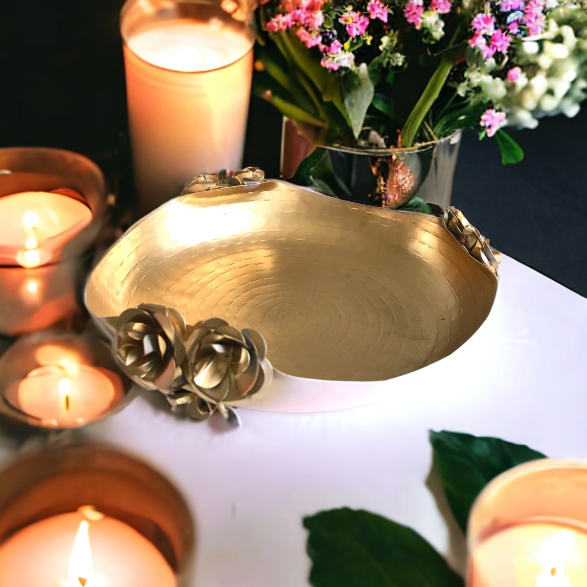 Kezevel Metal Decorative Urli Bowl - Golden Rose Motif Golden Baby Pink Handcrafted Decorative Bowls for Home Decor, Urli Pots, Size 25.4X25.4X8 CM - Kezevel
