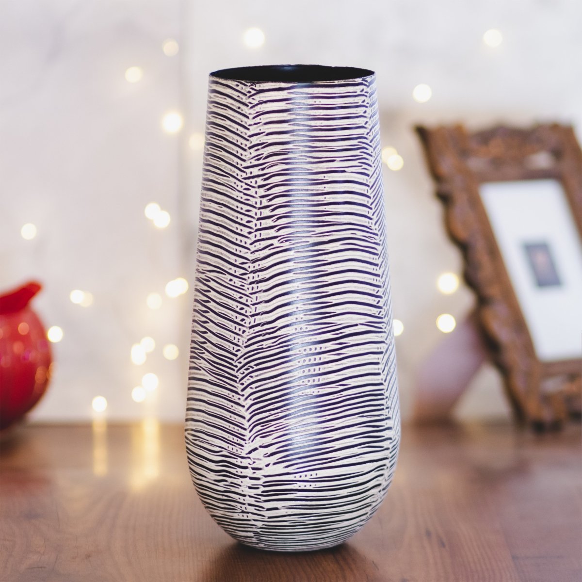 Kezevel Metal Decorative Vase - Antique White Black Textured Pattern Handcrafted Cylindrical Metal Vases for Home Decor