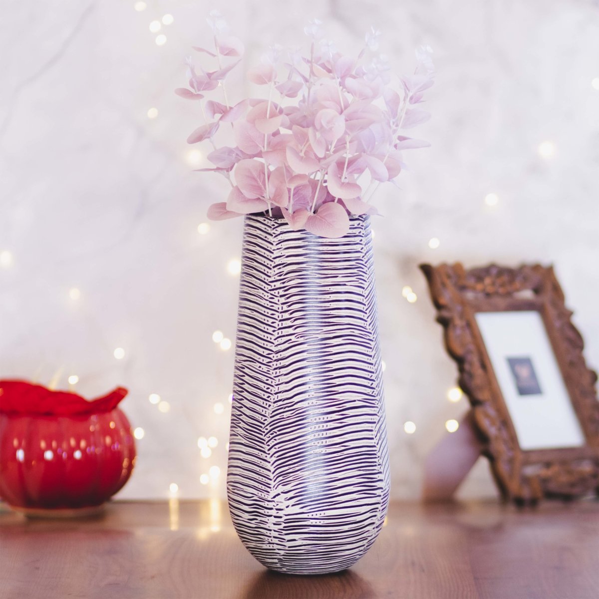 Kezevel Metal Decorative Vase - Antique White Black Textured Pattern Handcrafted Cylindrical Metal Vases for Home Decor
