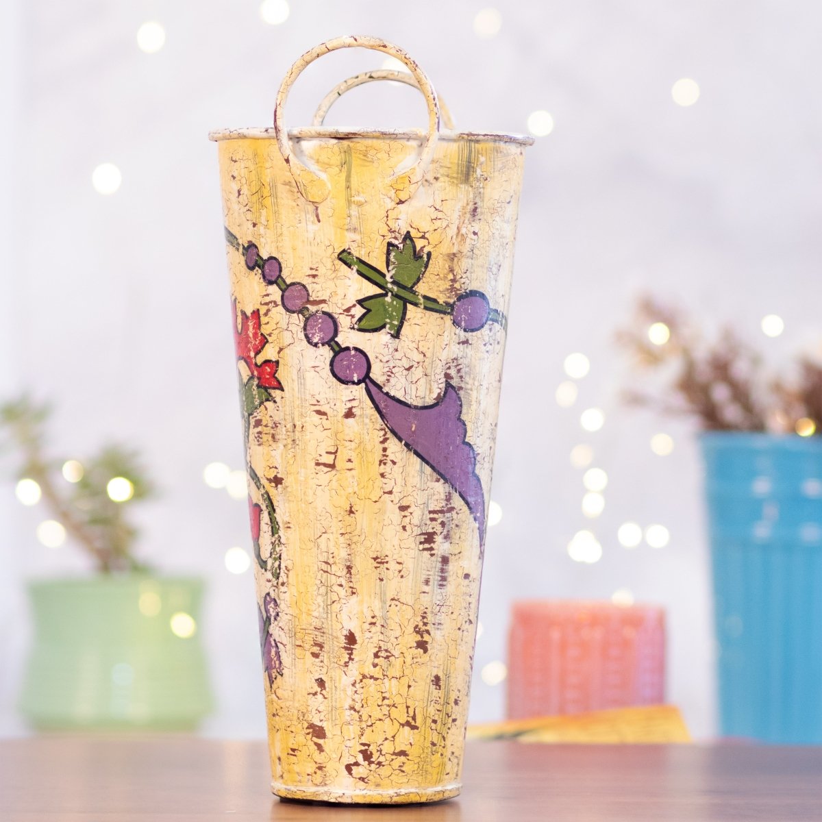 Kezevel Metal Decorative Vase - Conical Yellow Antique Distressed Hand Painted Metal Flower Vases Home Decor, Metal Planter