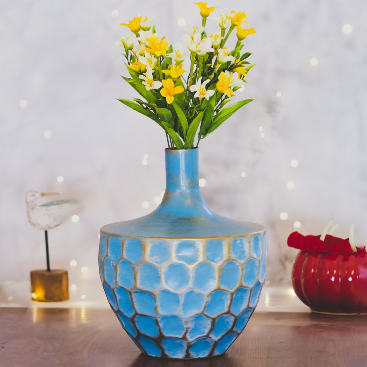 Kezevel Metal Decorative Vase - Golden Blue Honeycomb Pattern Handcrafted Metal Flower Vases for Home Decor, Metal Planter
