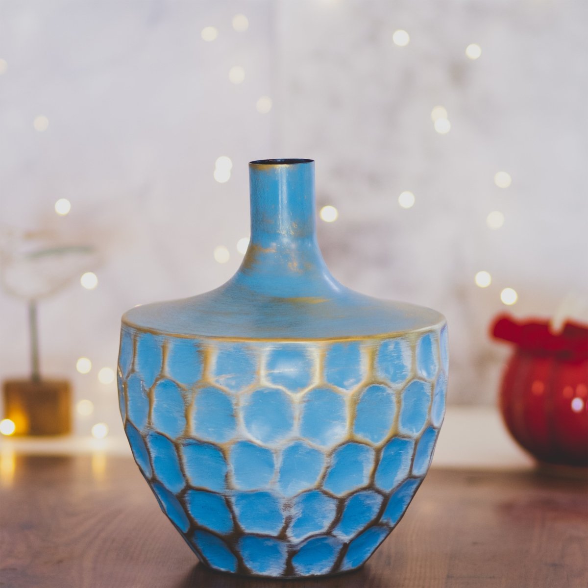 Kezevel Metal Decorative Vase - Golden Blue Honeycomb Pattern Handcrafted Metal Flower Vases for Home Decor, Metal Planter
