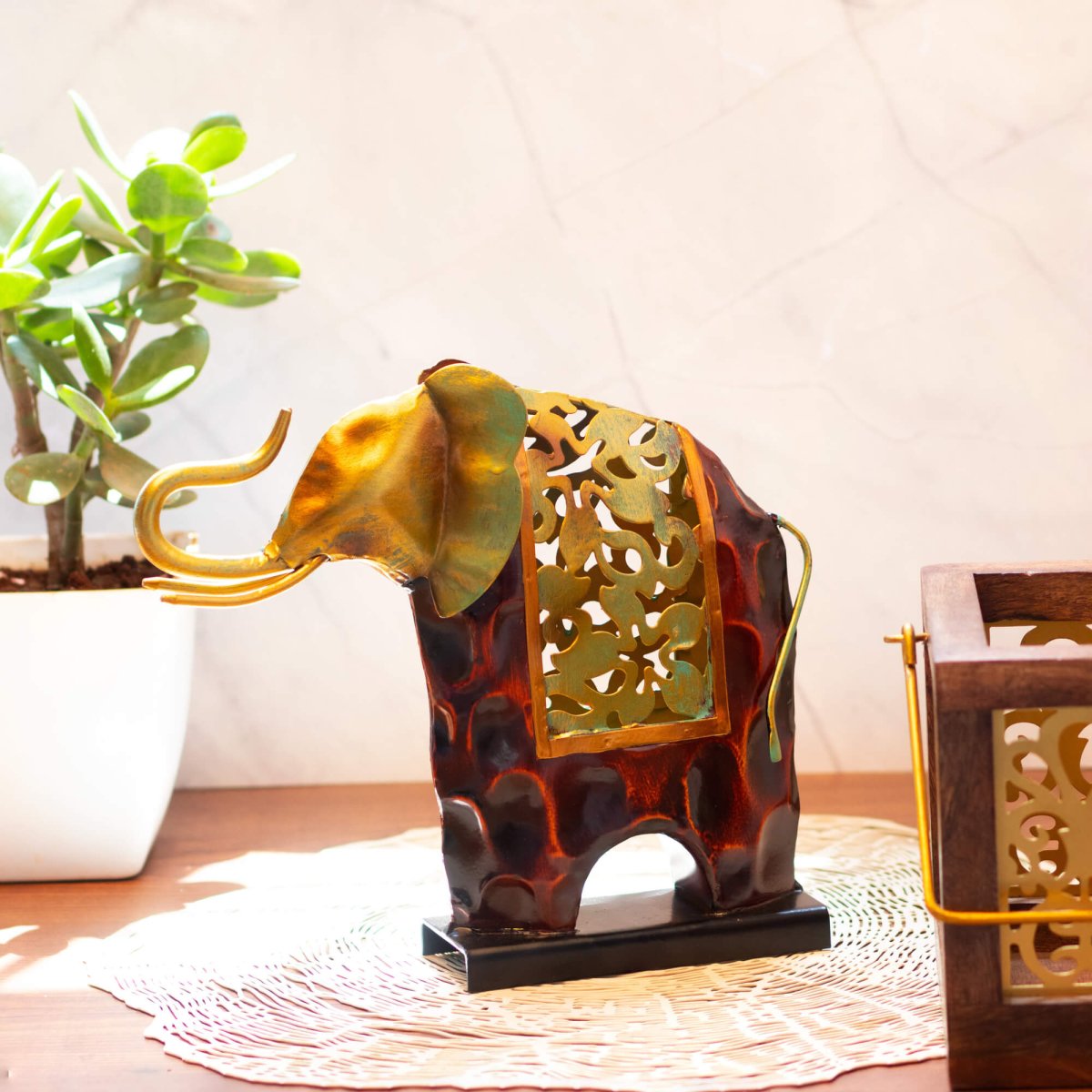 Kezevel Metal Elephant Statue Table Decor - in Antique Golden Bronze, Metal Showpieces for Home Decor Living Room, Table Top