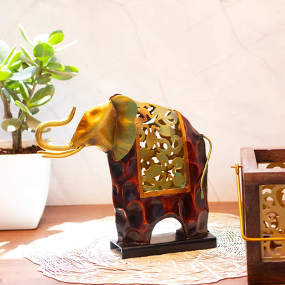 Kezevel Metal Elephant Statue Table Decor - in Antique Golden Bronze, Metal Showpieces for Home Decor Living Room, Table Top