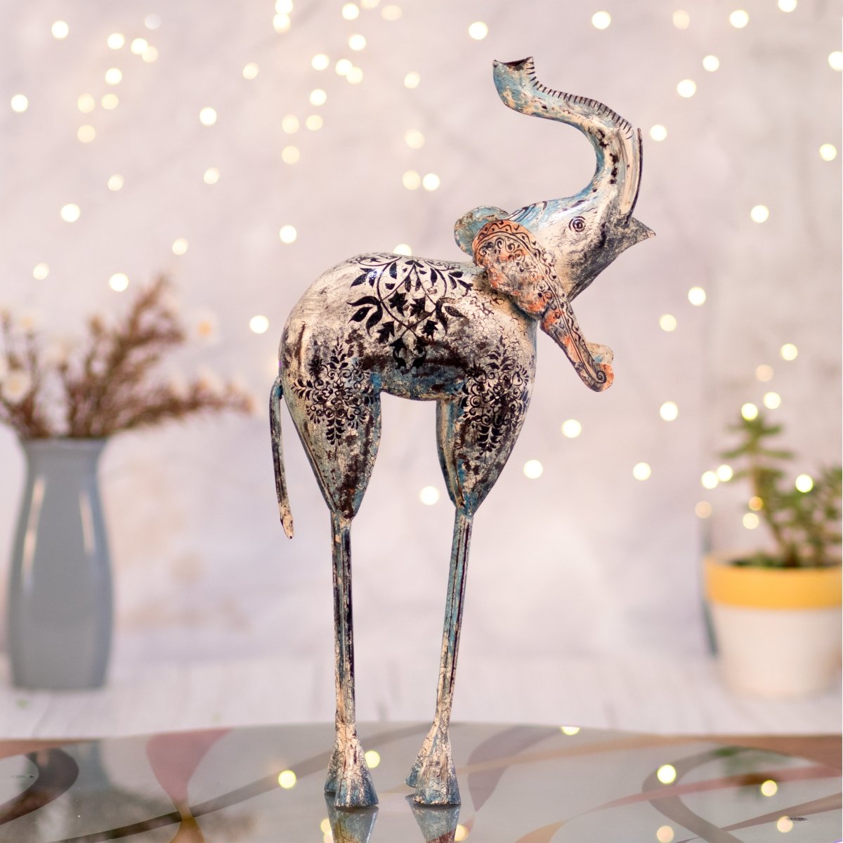 Kezevel Metal Elephant Table Decor - Multicolour Handcrafted Big Elephant Showpiece for Living Room, Showpiece for Home Decor