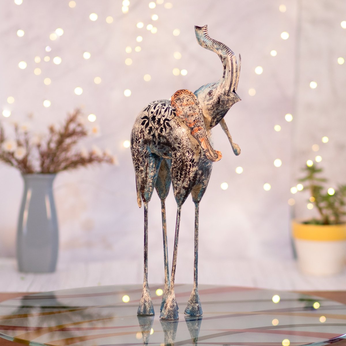 Kezevel Metal Elephant Table Decor - Multicolour Handcrafted Big Elephant Showpiece for Living Room, Showpiece for Home Decor