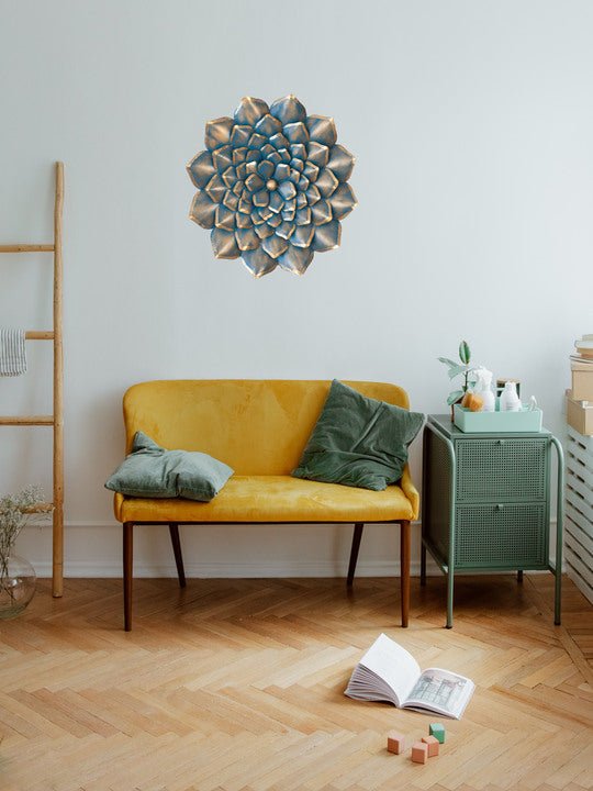 Kezevel Metal Flower Wall Decor - Metal Wall Art Turquoise Blue Gold Finish, Wall Showpiece for Living Room Foyer, Home Decor