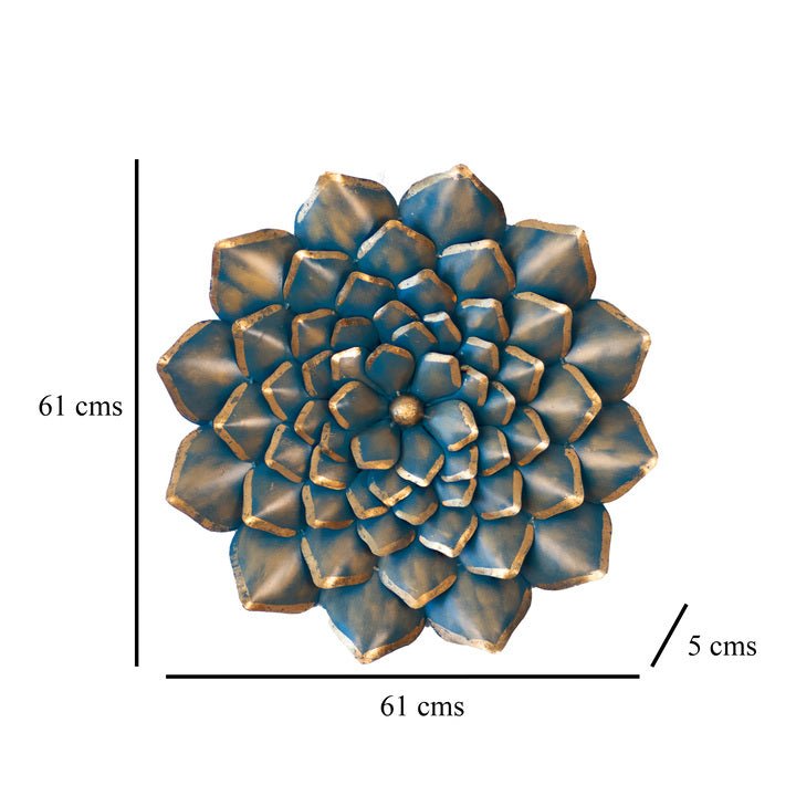 Kezevel Metal Flower Wall Decor - Metal Wall Art Turquoise Blue Gold Finish, Wall Showpiece for Living Room Foyer, Home Decor