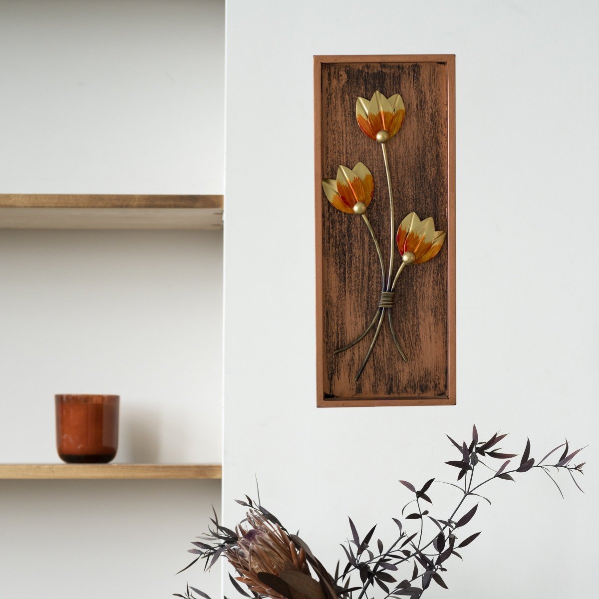 Kezevel Metal Flower Wall Decor - Handcrafted Golden Orange Metal Wall Art, Wall Showpiece for Home Decor, Living Room Decor, Size 20.32X2.54X50.8 CM - Kezevel
