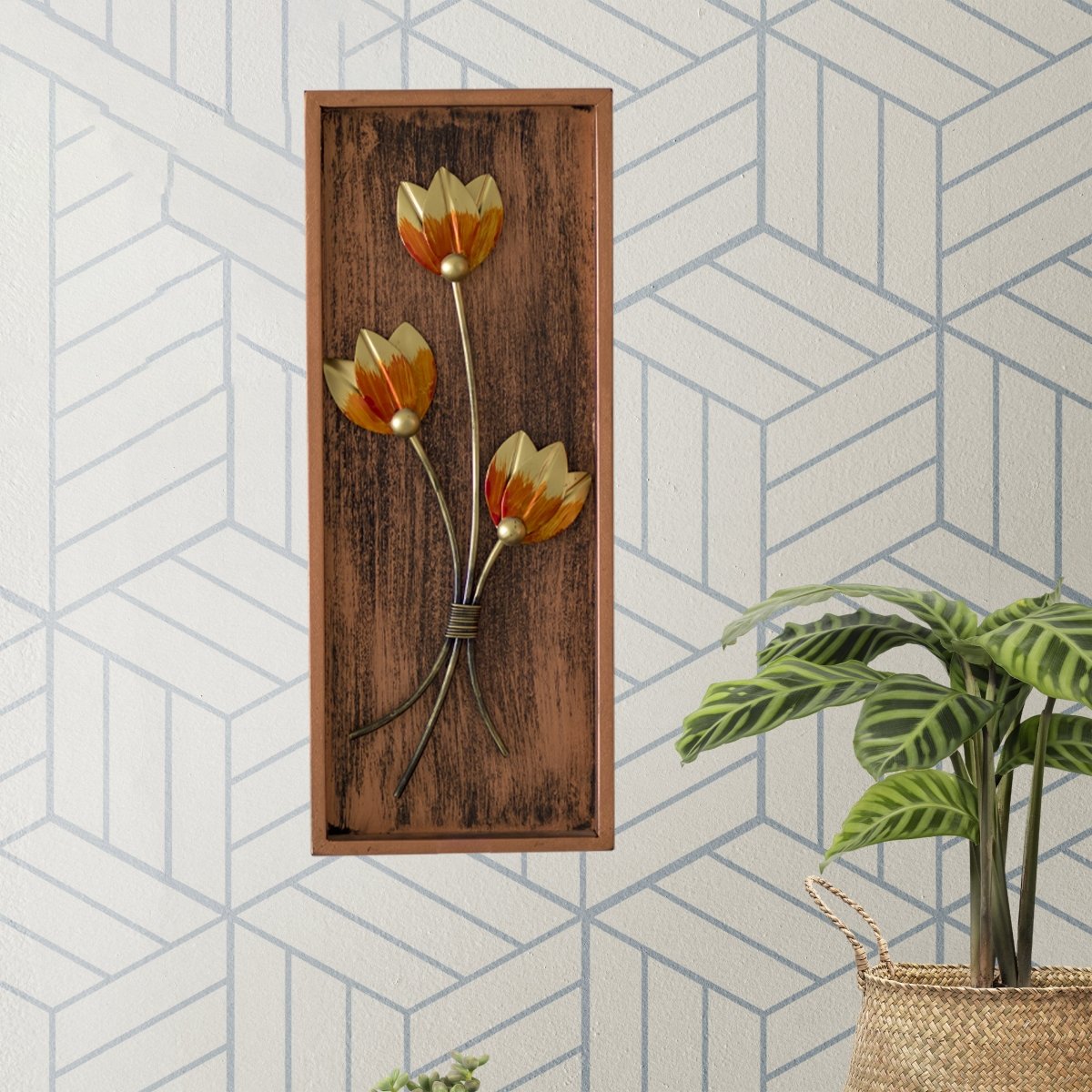 Kezevel Metal Flower Wall Decor - Handcrafted Golden Orange Metal Wall Art, Wall Showpiece for Home Decor, Living Room Decor, Size 20.32X2.54X50.8 CM - Kezevel