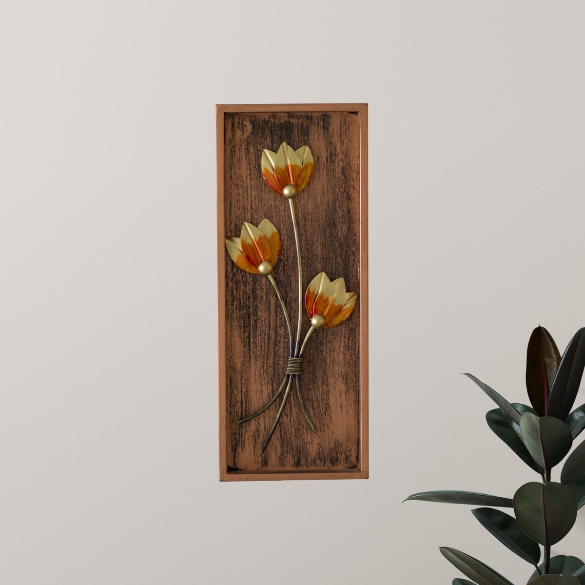 Kezevel Metal Flower Wall Decor - Handcrafted Golden Orange Metal Wall Art, Wall Showpiece for Home Decor, Living Room Decor, Size 20.32X2.54X50.8 CM - Kezevel