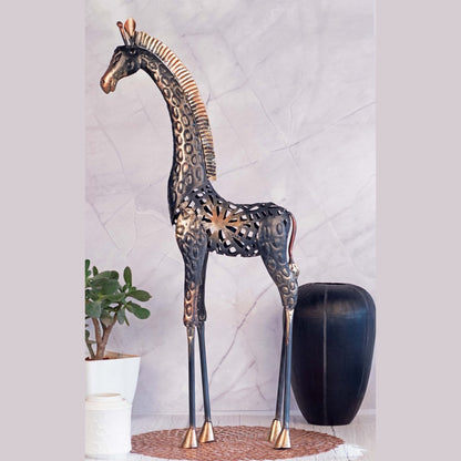 Kezevel Metal Giraffe Table Decor - Handcrafted Giraffe Figurine in Antique Black Golden Showpieces for Home Decor, Size 29.5X11.4X72.4 CM - Kezevel