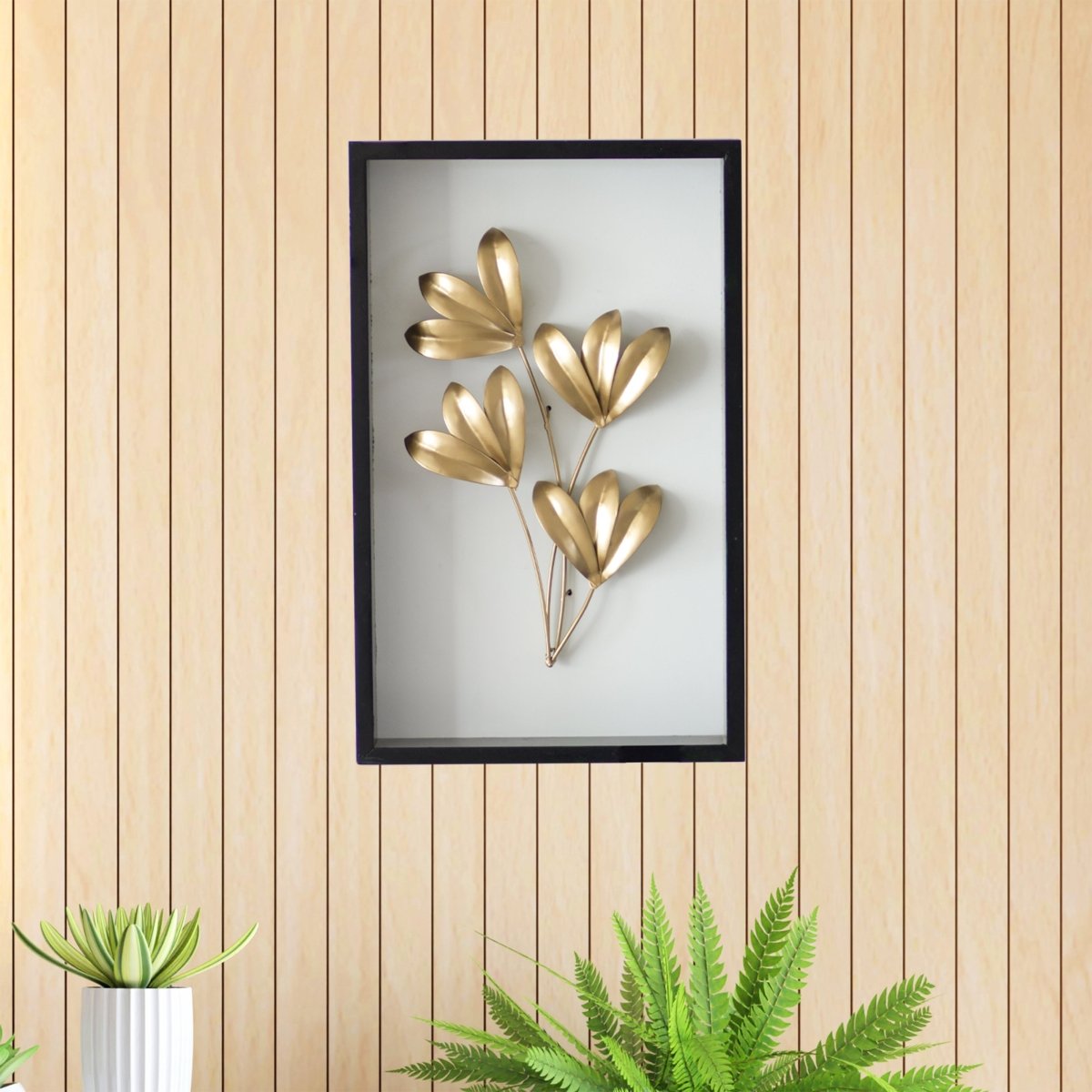 Kezevel Metal Golden Leaf Wall Decor - Handcrafted Rectangle Metal Wall Art, Wall Showpiece for Home Decor, Living Room Decor, Size 25.4X5.08X40.64 CM - Kezevel