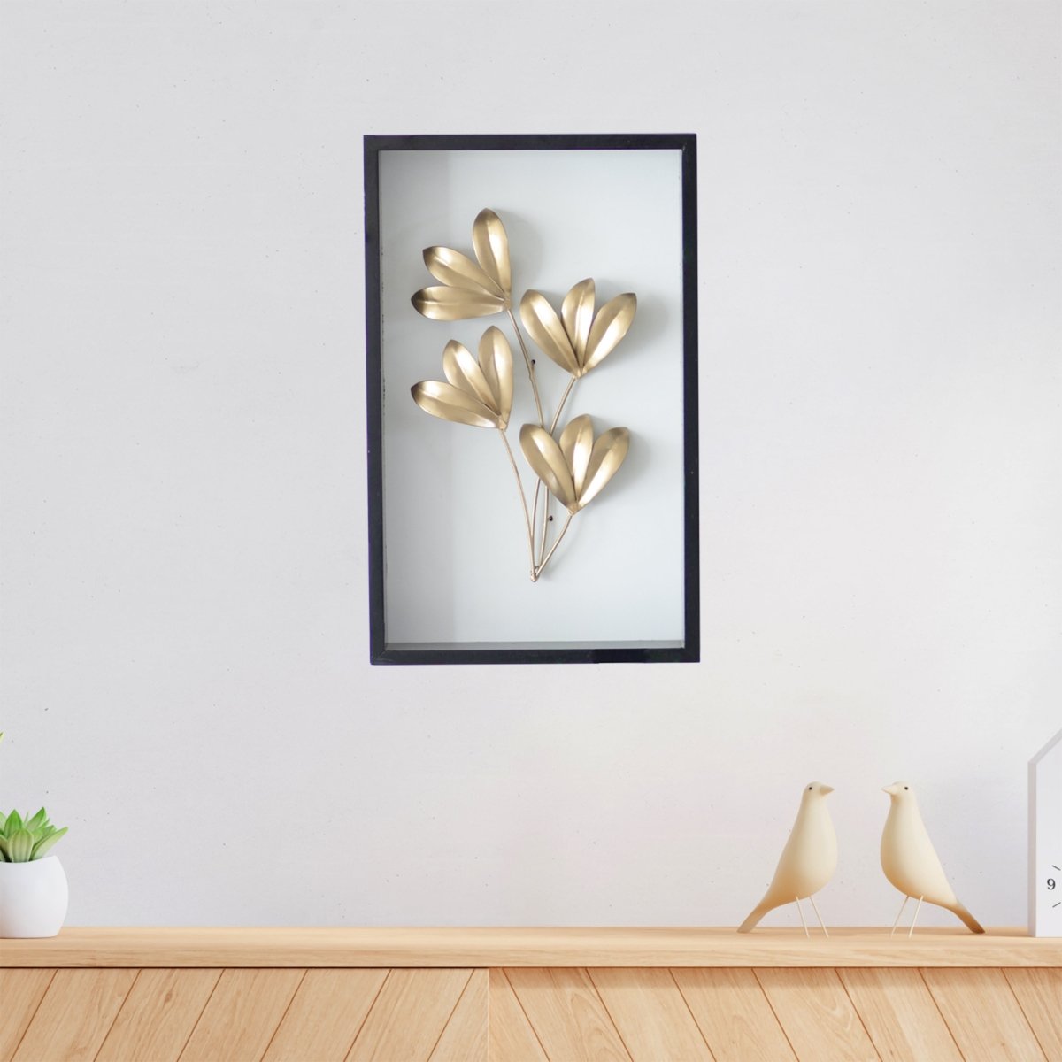 Kezevel Metal Golden Leaf Wall Decor - Handcrafted Rectangle Metal Wall Art, Wall Showpiece for Home Decor, Living Room Decor, Size 25.4X5.08X40.64 CM - Kezevel