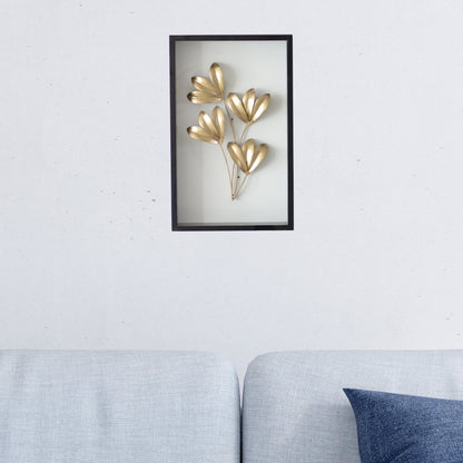 Kezevel Metal Golden Leaf Wall Decor - Handcrafted Rectangle Metal Wall Art, Wall Showpiece for Home Decor, Living Room Decor, Size 25.4X5.08X40.64 CM - Kezevel