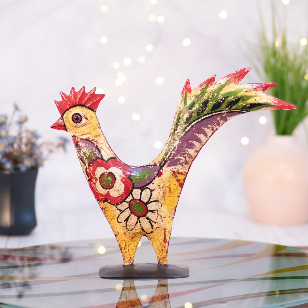Kezevel Metal Hen Showpieces - Multicolour Distressed Hand Painted Metal Decor Figurine Handcrafted, Unique Home Decor