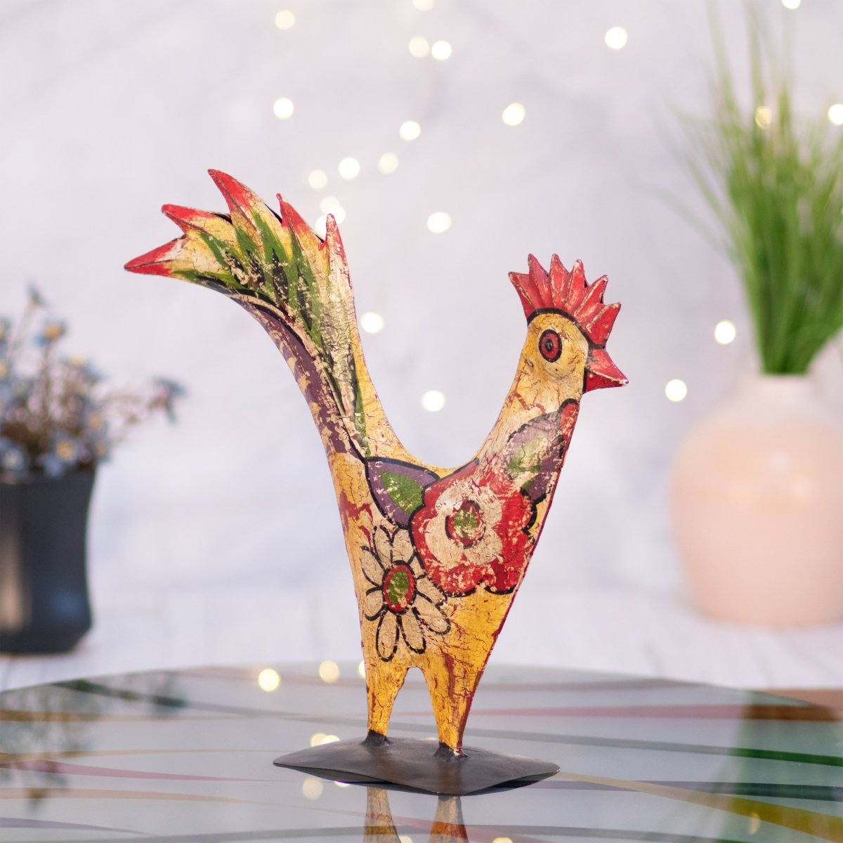 Kezevel Metal Hen Showpieces - Multicolour Distressed Hand Painted Metal Decor Figurine Handcrafted, Unique Home Decor