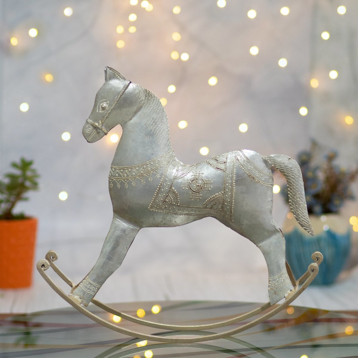 Kezevel Metal Horse Table Decor - Antique Silver Handcrafted Rocking Horse Statute for Home Decor, Showpieces for Living Room