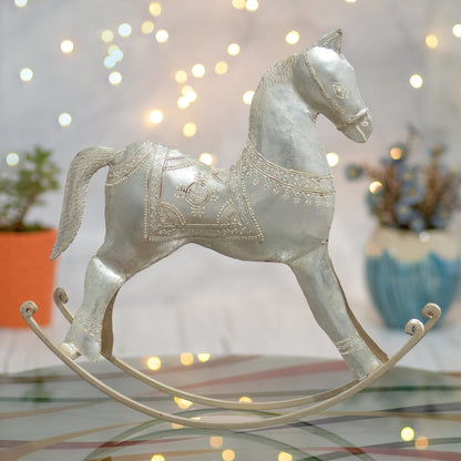 Kezevel Metal Horse Table Decor - Antique Silver Handcrafted Rocking Horse Statute for Home Decor, Showpieces for Living Room