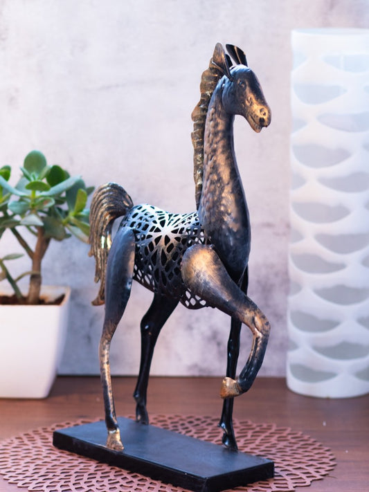 Kezevel Metal Horse Table Decor - Handcrafted Horse Figurine Antique Black Golden Horse Showpieces for Home Decor, Table Statue, Size 30.5X10.2X47 CM - Kezevel