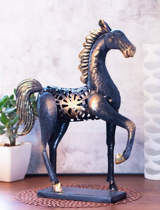 Kezevel Metal Horse Table Decor - Handcrafted Horse Figurine Antique Black Golden Horse Showpieces for Home Decor, Table Statue, Size 40X10.2X50.8 CM - Kezevel