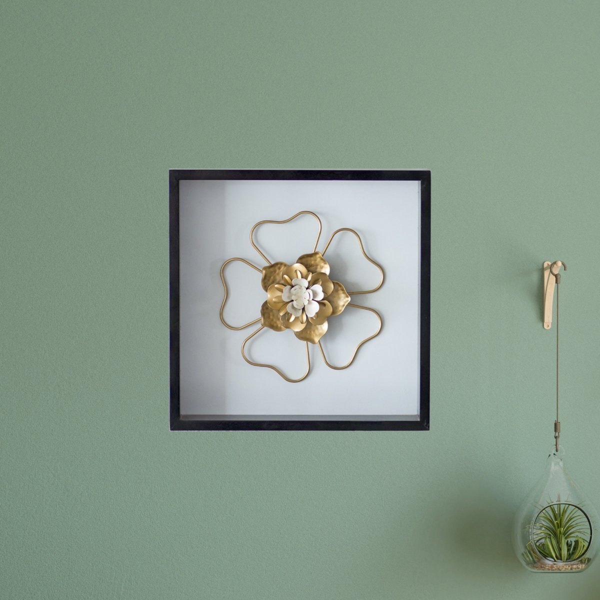 Kezevel Metal Jasmine Flower Wall Decor - Handcrafted Golden White Metal Wall Art, Wall Showpiece Home Decor, Room Decor, Size 30.48X5.08X30.48 CM - Kezevel