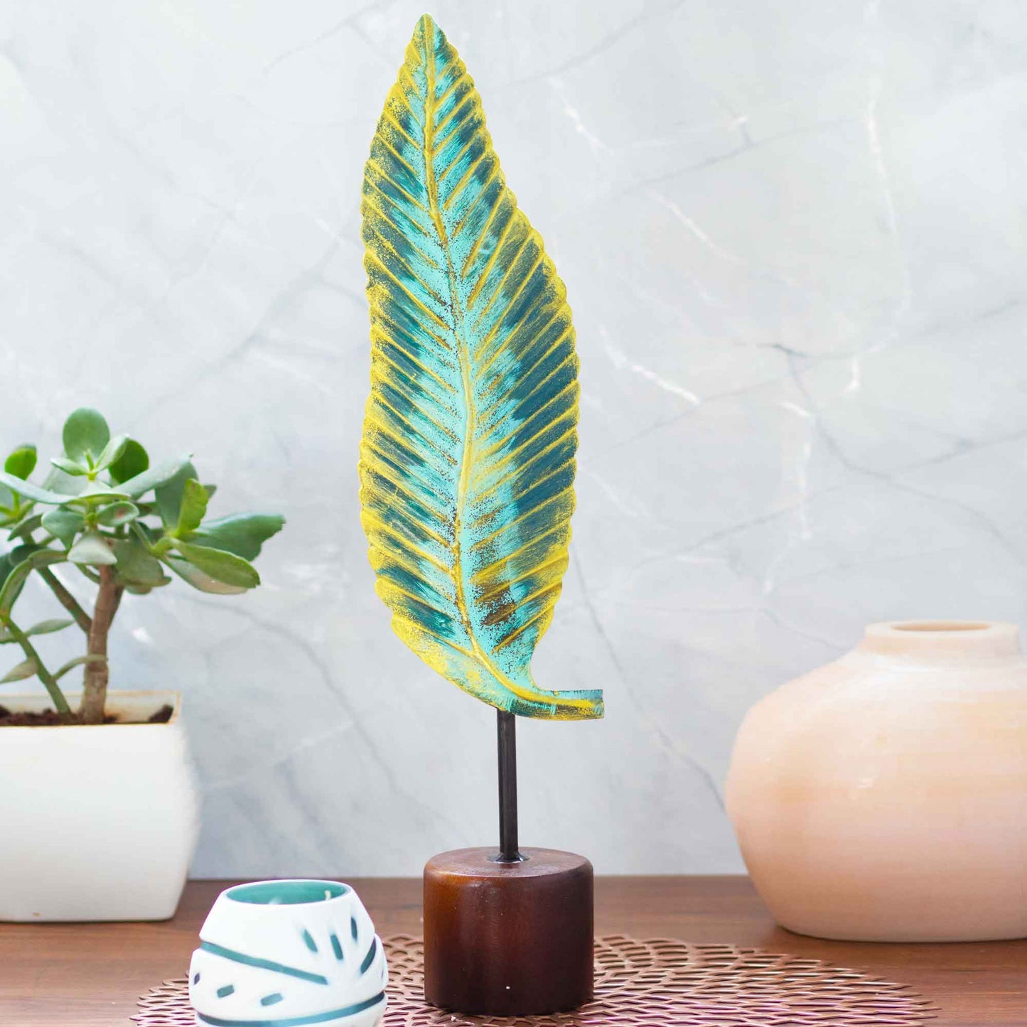 Kezevel Metal Leaf Table Decor - Big Leaf Figurines Statue of Golden Blue Metal Showpieces for Home Decor Living Room , Foyer