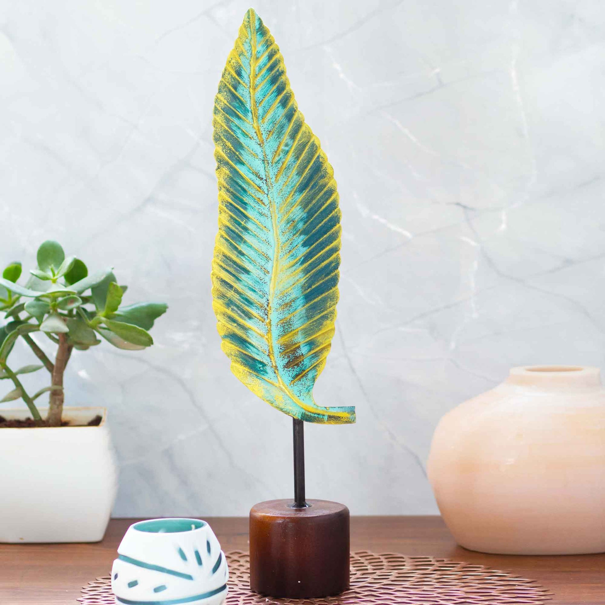 Kezevel Metal Leaf Table Decor - Big Leaf Figurines Statue of Golden Blue Metal Showpieces for Home Decor Living Room , Foyer