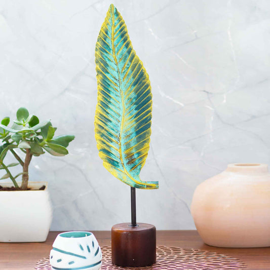 Kezevel Metal Leaf Table Decor - Big Leaf Figurines Statue of Golden Blue Metal Showpieces for Home Decor Living Room , Foyer