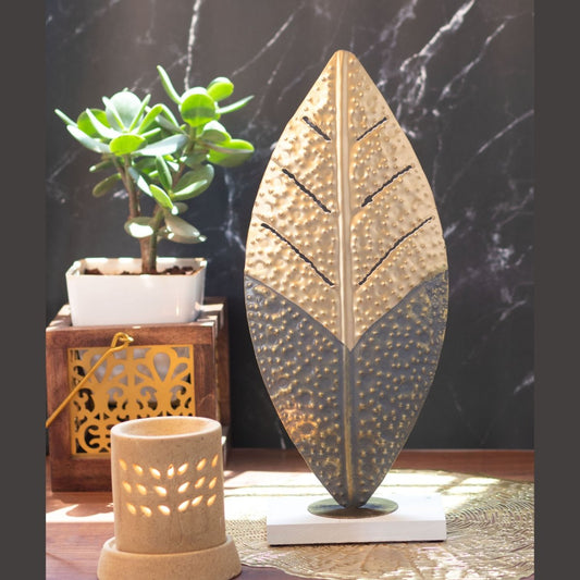Kezevel Metal Leaf Table Decor - Handcrafted Leaf Figurines Statue in Golden Grey Metal Showpieces for Home Decor Living Room, Size 17.8X10.2X40.6 CM - Kezevel