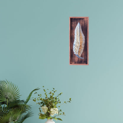 Kezevel Metal Leaf Wall Decor - Metal Wall Art Golden Silver Finish, Wall Hanging in Wood Frame for Foyer, Living Room Decor