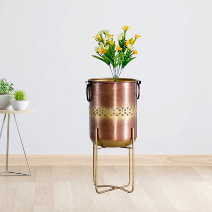 Kezevel Metal Planter with Stand - Handcrafted Antique Copper and Gold Plant Pot Holder, Indoor Planter Pot for Home Decor, Size 27.94X27.94X58.42 CM - Kezevel