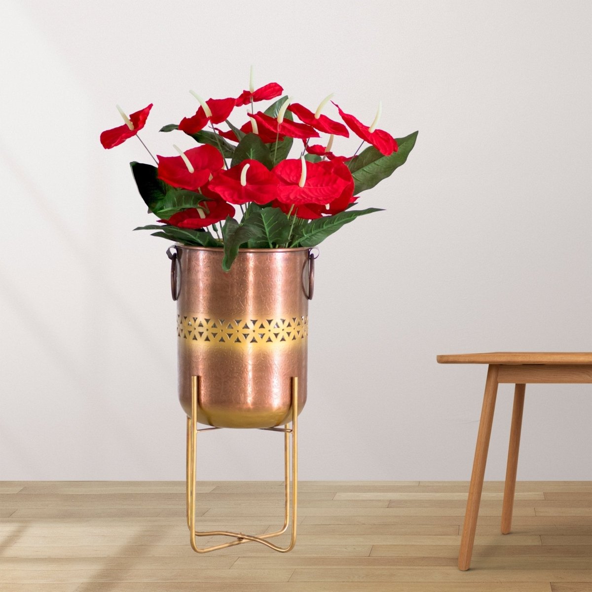 Kezevel Metal Planter with Stand - Handcrafted Antique Copper and Gold Plant Pot Holder, Indoor Planter Pot for Home Decor, Size 27.94X27.94X58.42 CM - Kezevel