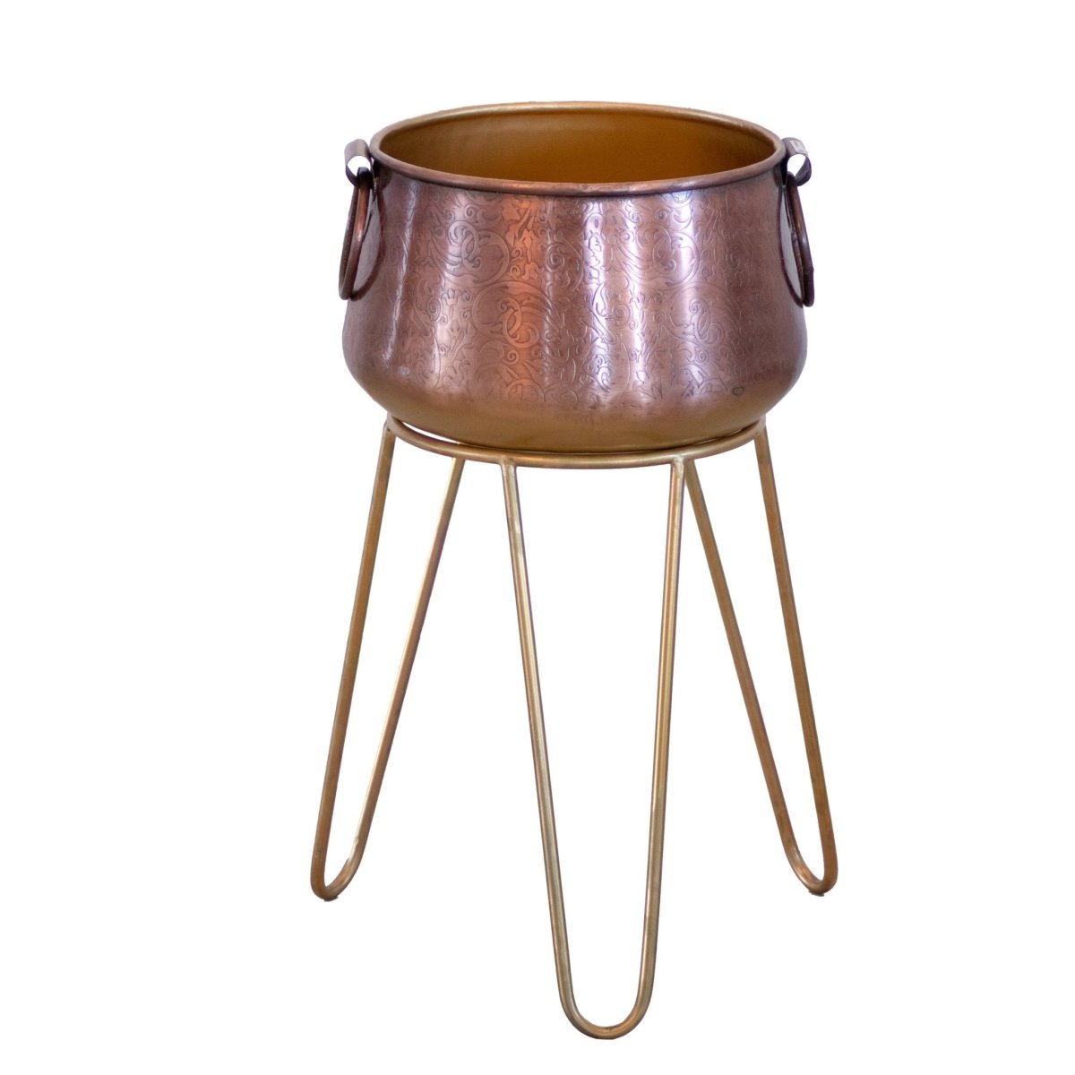 Kezevel Metal Planter with Stand - Handcrafted Antique Copper and Gold Plant Pot Holder, Indoor Planter Pot for Home Decor Size Big / Small - Kezevel
