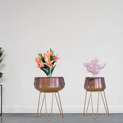 Kezevel Metal Planter with Stand - Handcrafted Antique Copper and Gold Plant Pot Holder, Indoor Planter Pot for Home Decor Size Big / Small - Kezevel