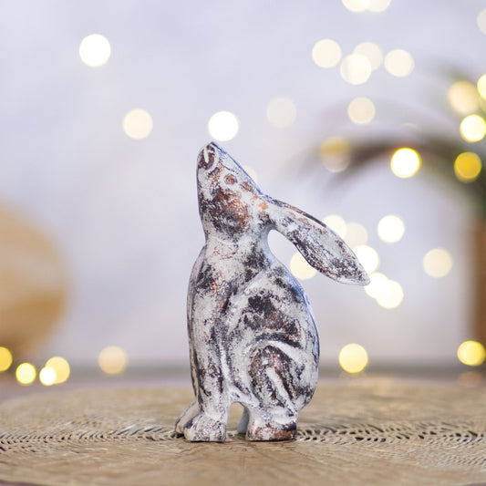 Kezevel Metal Small Rabbit Statue - Antique White Black Copper Handcrafted Rabbit Showpieces for Home Decor, Animal Figurine