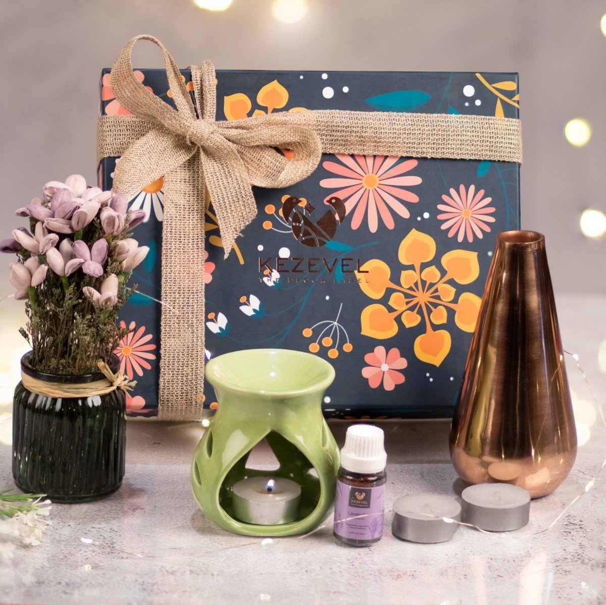 Kezevel Metal Stick Candle Holder with Aroma Diffuser, Fragrance Oil with Colorful Dry Flowers in a Glass Vase - Pack of 1