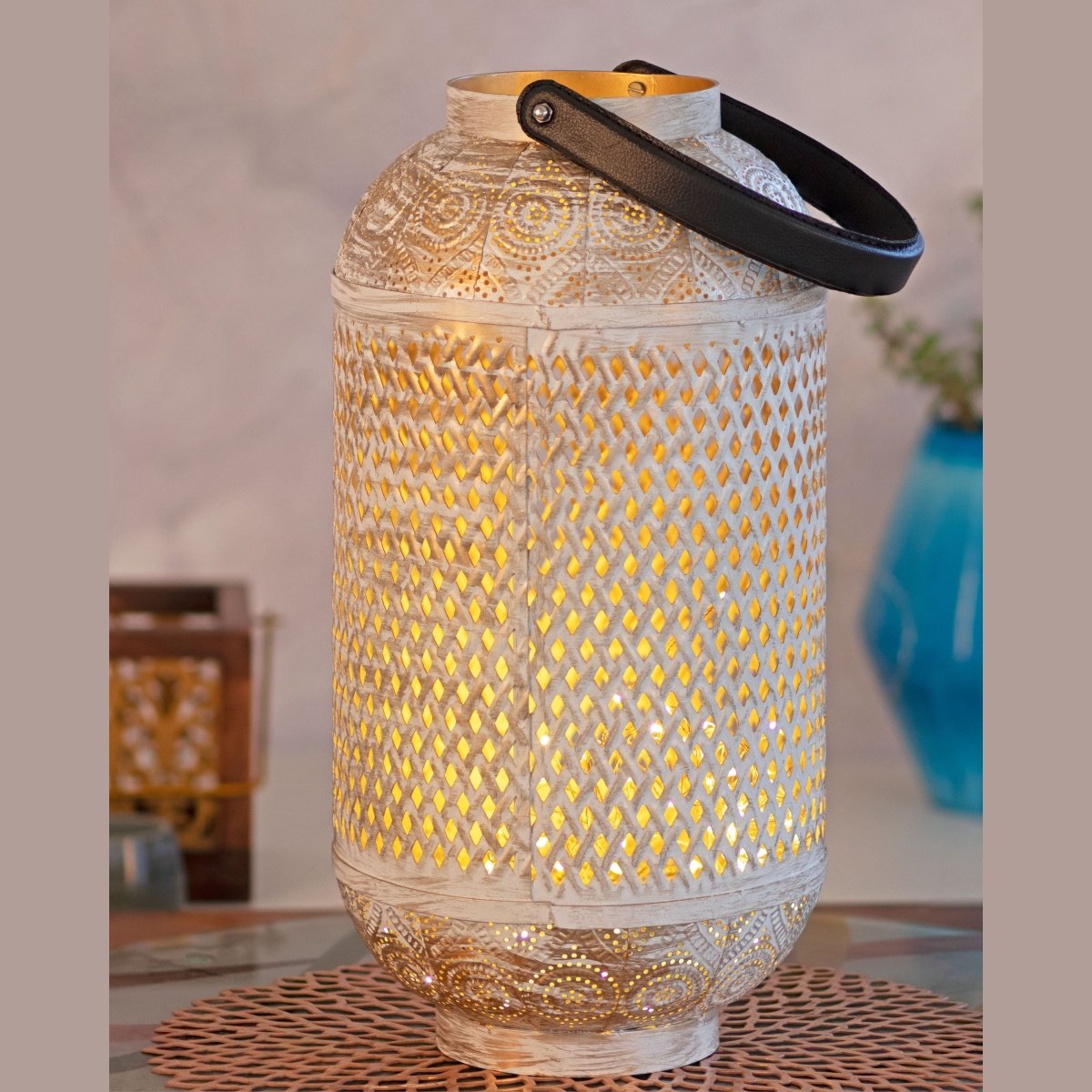 Kezevel Metal Table Decor Lantern - Hand Carved Golden and White Finish Decorative Candle Holder Lantern for Home Decor
