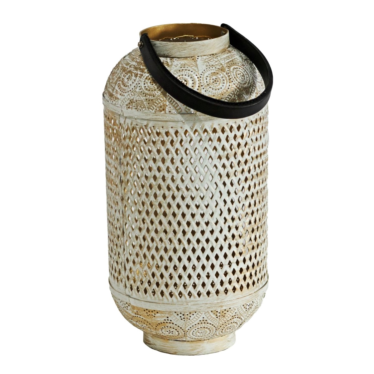 Kezevel Metal Table Decor Lantern - Hand Carved Golden and White Finish Decorative Candle Holder Lantern for Home Decor