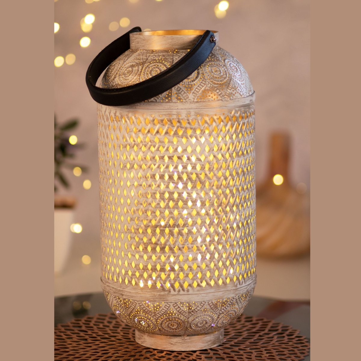 Kezevel Metal Table Decor Lantern - Hand Carved Golden and White Finish Decorative Candle Holder Lantern for Home Decor