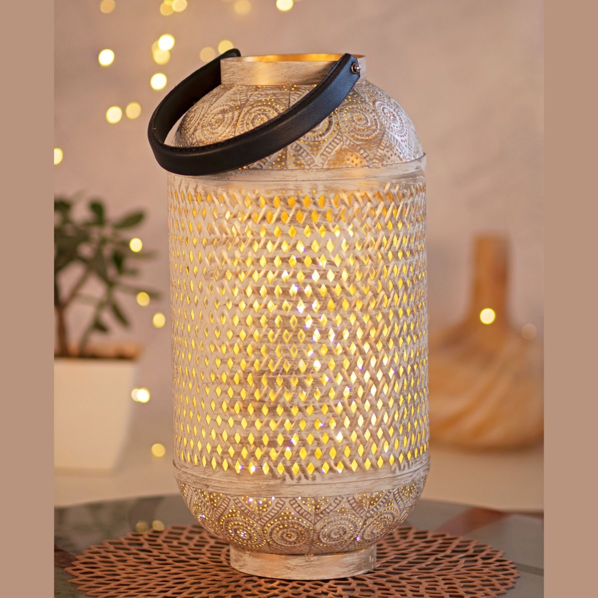 Kezevel Metal Table Decor Lantern - Hand Carved Golden and White Finish Decorative Candle Holder Lantern for Home Decor