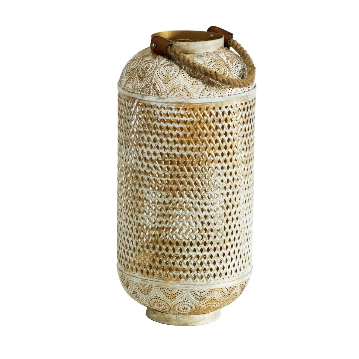 Kezevel Metal Table Decor Lantern - Hand Carved Golden and White Finish Decorative Candle Holder Lantern for Home Decor