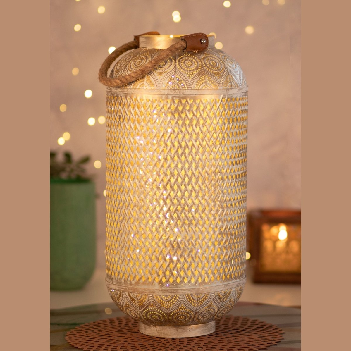 Kezevel Metal Table Decor Lantern - Hand Carved Golden and White Finish Decorative Candle Holder Lantern for Home Decor
