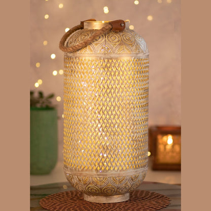 Kezevel Metal Table Decor Lantern - Hand Carved Golden and White Finish Decorative Candle Holder Lantern for Home Decor