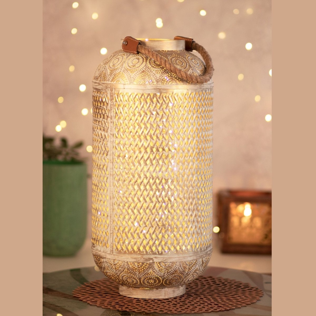 Kezevel Metal Table Decor Lantern - Hand Carved Golden and White Finish Decorative Candle Holder Lantern for Home Decor