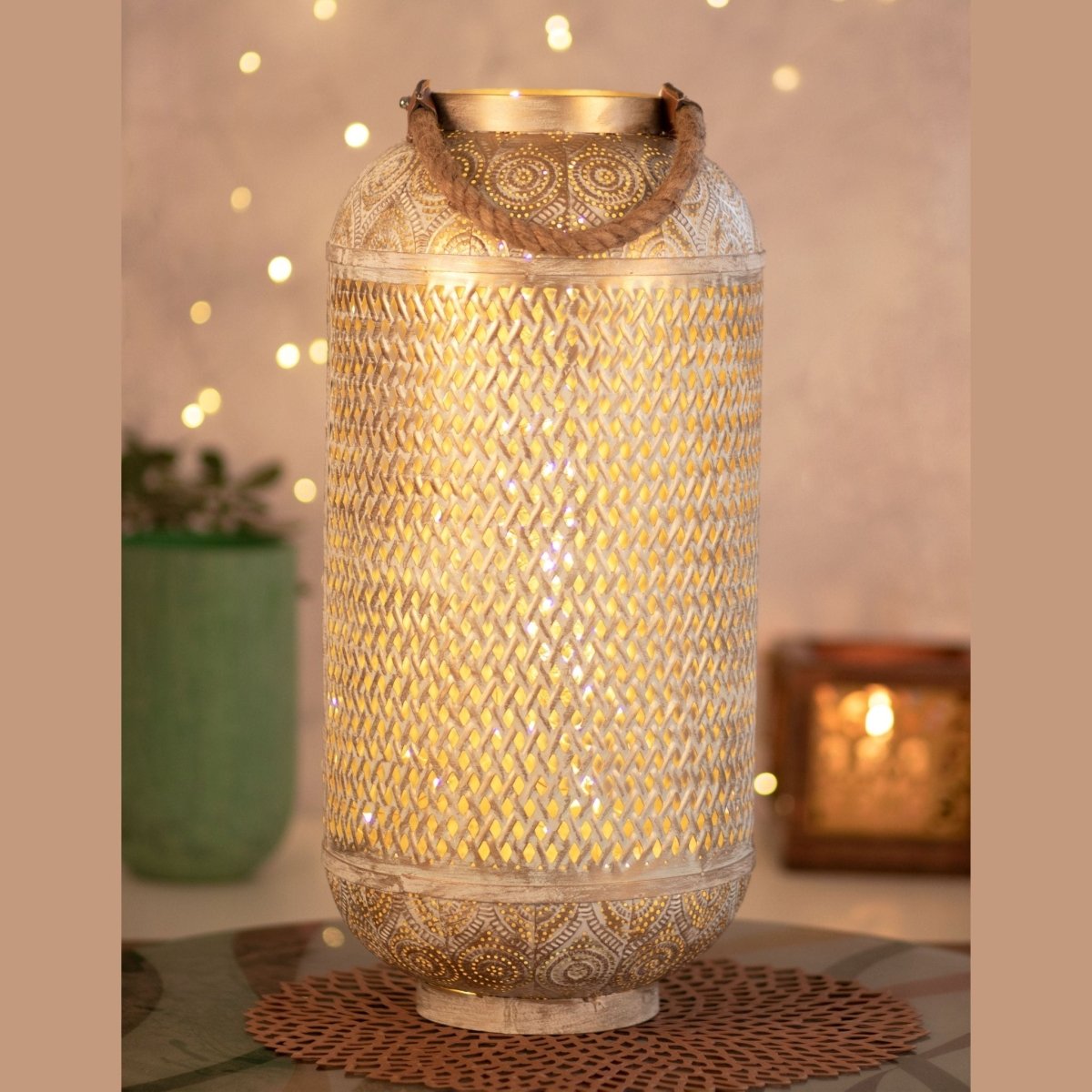 Kezevel Metal Table Decor Lantern - Hand Carved Golden and White Finish Decorative Candle Holder Lantern for Home Decor