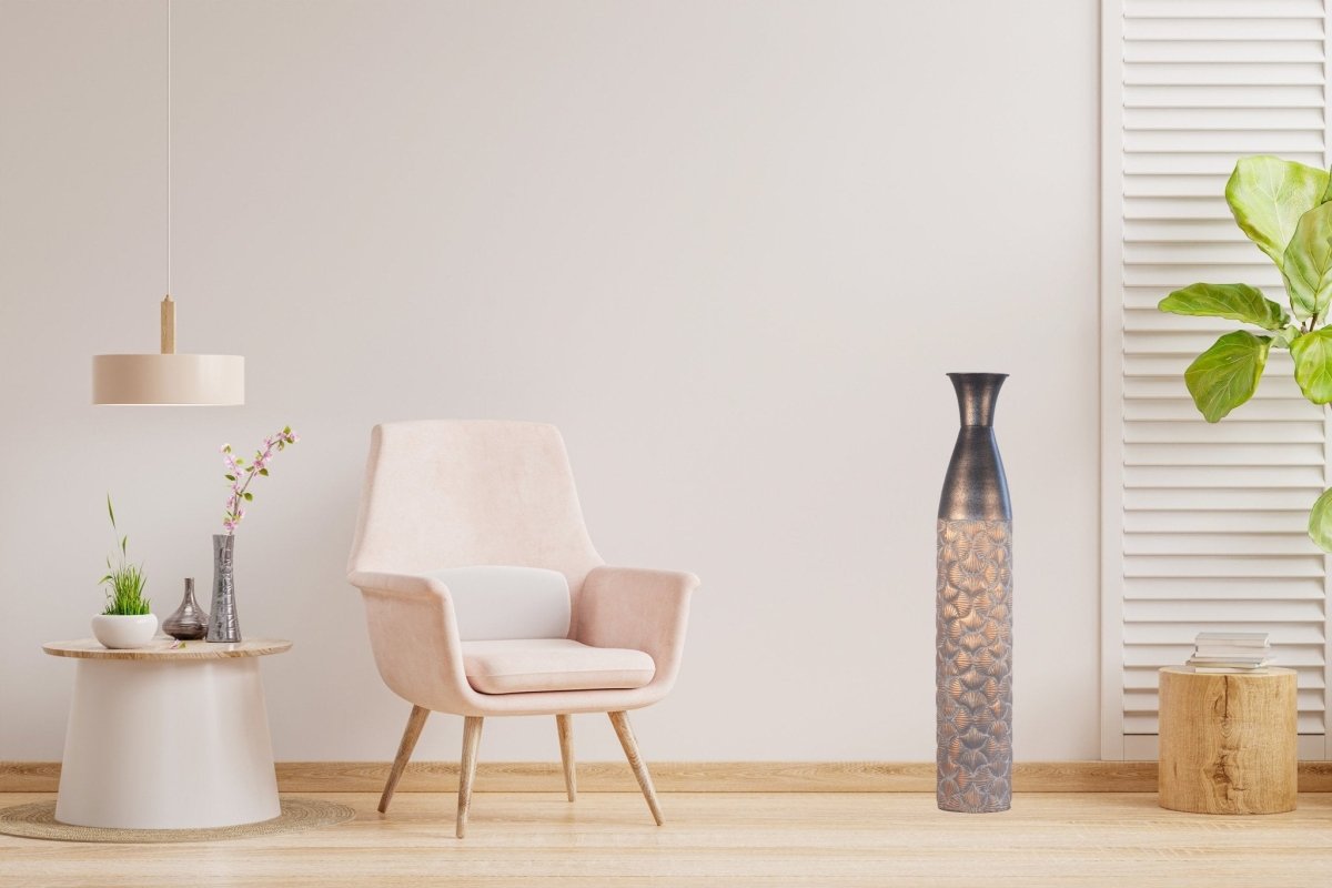 Kezevel Metal Tall Floor Vase - Artistic Big Flower Vase Golden and Grey Seashell Pattern Metal Long Vases for Home Decor