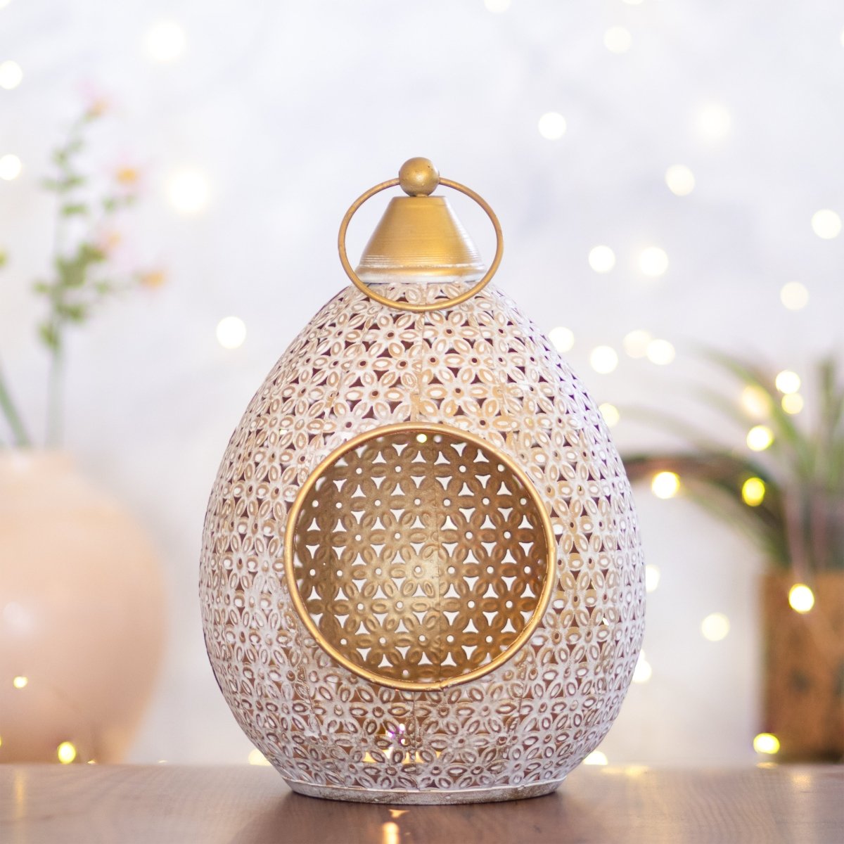 Kezevel Metal Tealight Candle Holder - Handcrafted Conical Golden Washed White Candle Holder for Home Decoration, Table Decor