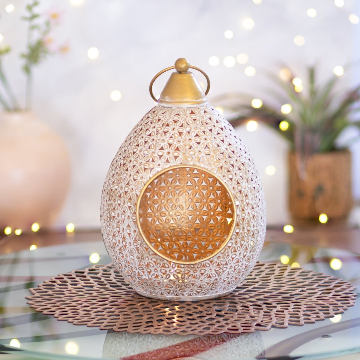 Kezevel Metal Tealight Candle Holder - Handcrafted Conical Golden Washed White Candle Holder for Home Decoration, Table Decor