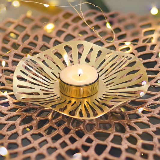Kezevel Metal Tealight Candle Holder - Set of 2 Artistic Glossy Golden Candle Holders for Home Decoration, Table Decor